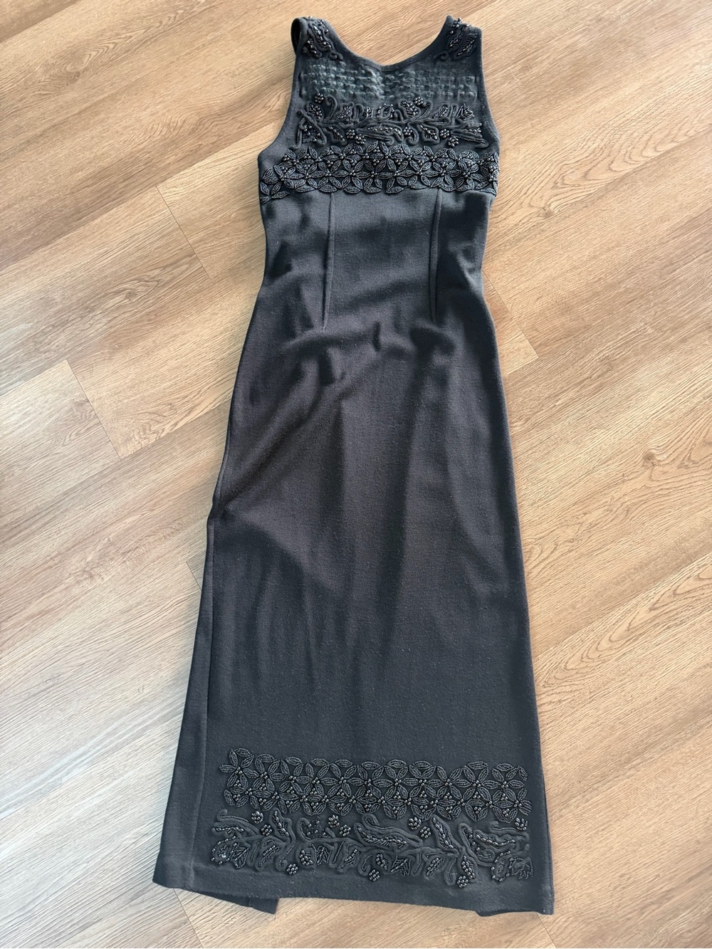 Vintage Carole Little Black Sleeveless Maxi Dress with Floral Embellishment Sz M